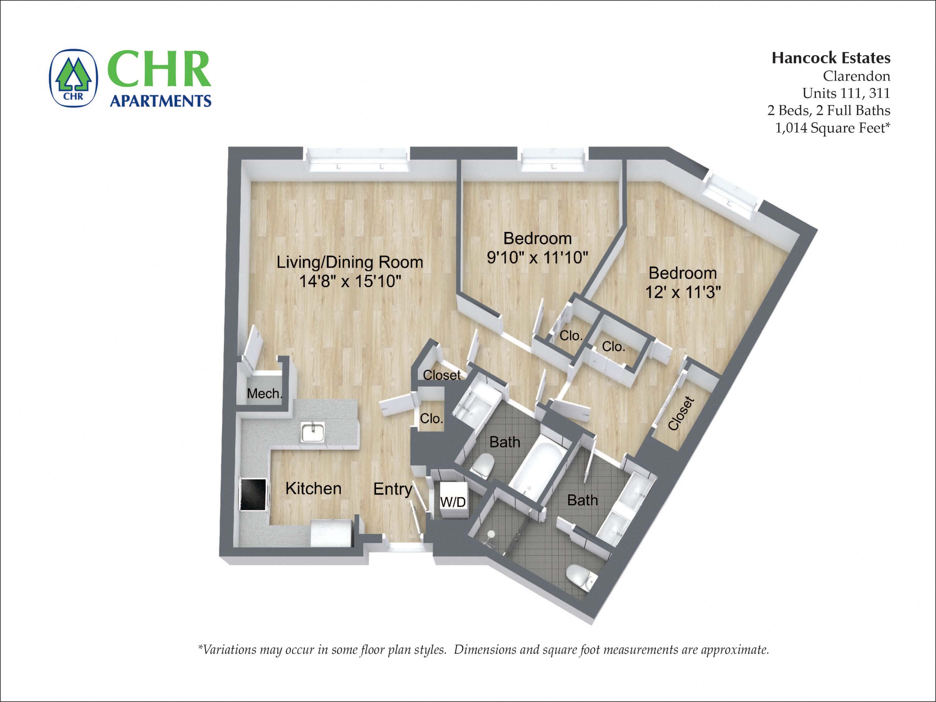 Floor plan for 2 beds, 2 baths, 1052 sqft